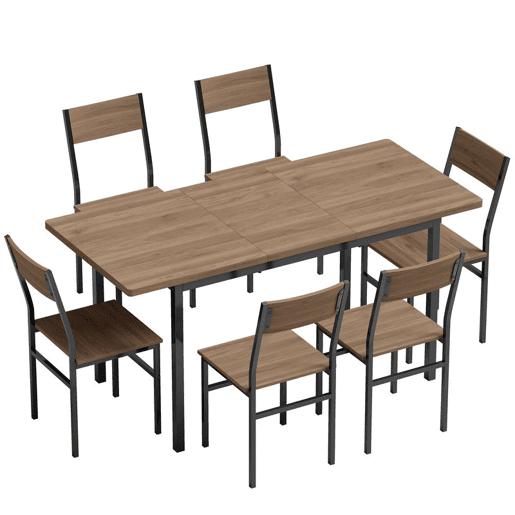 HOMCOM Conjunto de Mesa de Jantar Extensível e 6 Cadeiras Empilháveis, 120-160 cm, para 4-6 Pessoas, Estrutura Metálica, Castanho Efeito Madeira HOMCOM Conjunto de Mesa de Jantar Extensível e 6 Cadeiras Empilháveis, 120-160 cm, para 4-6 Pessoas, Estrutura Metálica, Castanho Efeito Madeira