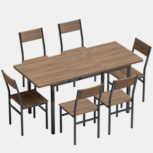 HOMCOM Conjunto de Mesa de Jantar Extensível e 6 Cadeiras Empilháveis, 120-160 cm, para 4-6 Pessoas, Estrutura Metálica, Castanho Efeito Madeira