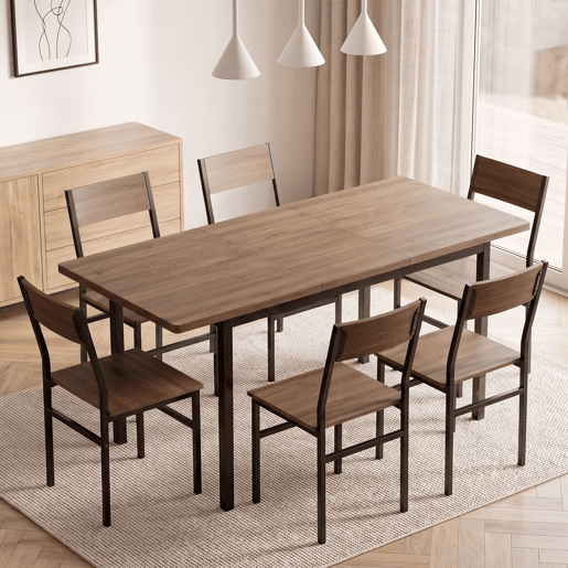 HOMCOM Conjunto de Mesa de Jantar Extensível e 6 Cadeiras Empilháveis, 120-160 cm, para 4-6 Pessoas, Estrutura Metálica, Castanho Efeito Madeira HOMCOM Conjunto de Mesa de Jantar Extensível e 6 Cadeiras Empilháveis, 120-160 cm, para 4-6 Pessoas, Estrutura Metálica, Castanho Efeito Madeira
