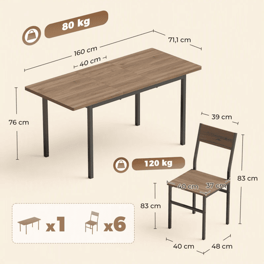 HOMCOM Conjunto de Mesa de Jantar Extensível e 6 Cadeiras Empilháveis, 120-160 cm, para 4-6 Pessoas, Estrutura Metálica, Castanho Efeito Madeira HOMCOM Conjunto de Mesa de Jantar Extensível e 6 Cadeiras Empilháveis, 120-160 cm, para 4-6 Pessoas, Estrutura Metálica, Castanho Efeito Madeira