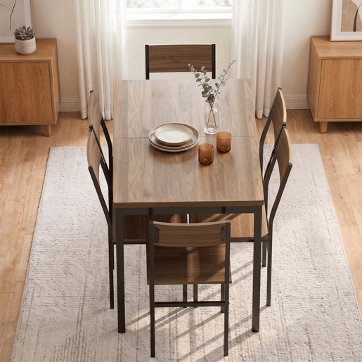 HOMCOM Conjunto de Mesa de Jantar Extensível e 6 Cadeiras Empilháveis, 120-160 cm, para 4-6 Pessoas, Estrutura Metálica, Castanho Efeito Madeira HOMCOM Conjunto de Mesa de Jantar Extensível e 6 Cadeiras Empilháveis, 120-160 cm, para 4-6 Pessoas, Estrutura Metálica, Castanho Efeito Madeira
