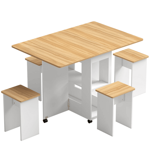 HOMCOM Conjunto de Mesa de Jantar Dobrável com 4 Bancos, 2 Abas RebatÃveis, 6 Rodas e 2 Prateleiras, Branco e Efeito Carvalho HOMCOM Conjunto de Mesa de Jantar Dobrável com 4 Bancos, 2 Abas RebatÃveis, 6 Rodas e 2 Prateleiras, Branco e Efeito Carvalho