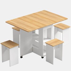 HOMCOM Conjunto de Mesa de Jantar Dobrável com 4 Bancos, 2 Abas Rebatíveis, 6 Rodas e 2 Prateleiras, Branco e Efeito Carvalho
