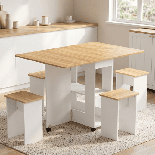 HOMCOM Conjunto de Mesa de Jantar Dobrável com 4 Bancos, 2 Abas RebatÃveis, 6 Rodas e 2 Prateleiras, Branco e Efeito Carvalho HOMCOM Conjunto de Mesa de Jantar Dobrável com 4 Bancos, 2 Abas RebatÃveis, 6 Rodas e 2 Prateleiras, Branco e Efeito Carvalho