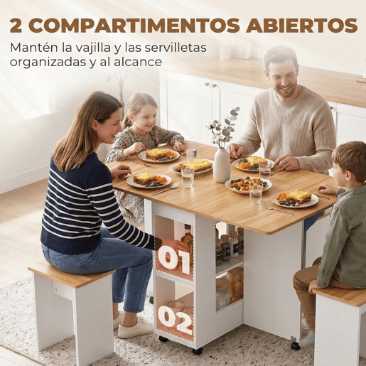 HOMCOM Conjunto de Mesa de Jantar Dobrável com 4 Bancos, 2 Abas RebatÃveis, 6 Rodas e 2 Prateleiras, Branco e Efeito Carvalho HOMCOM Conjunto de Mesa de Jantar Dobrável com 4 Bancos, 2 Abas RebatÃveis, 6 Rodas e 2 Prateleiras, Branco e Efeito Carvalho