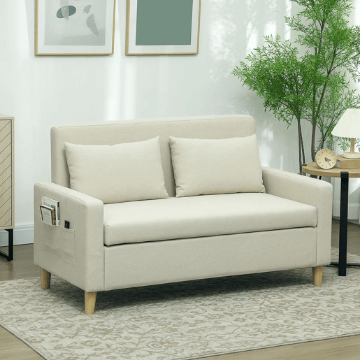 HOMCOM Sofá de 2 Lugares Estofado em Linho Sintético com Espaço de Armazenamento, Sofá Moderno com 2 Almofadas, Bolsos e Pés de Madeira, Suporta até 240 kg para Quarto ou Sala 135x71x84 cm Bege HOMCOM Sofá de 2 Lugares Estofado em Linho Sintético com Espaço de Armazenamento, Sofá Moderno com 2 Almofadas, Bolsos e Pés de Madeira, Suporta até 240 kg para Quarto ou Sala 135x71x84 cm Bege