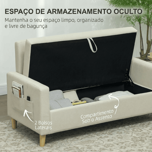 HOMCOM Sofá de 2 Lugares Estofado em Linho Sintético com Espaço de Armazenamento, Sofá Moderno com 2 Almofadas, Bolsos e Pés de Madeira, Suporta até 240 kg para Quarto ou Sala 135x71x84 cm Bege HOMCOM Sofá de 2 Lugares Estofado em Linho Sintético com Espaço de Armazenamento, Sofá Moderno com 2 Almofadas, Bolsos e Pés de Madeira, Suporta até 240 kg para Quarto ou Sala 135x71x84 cm Bege