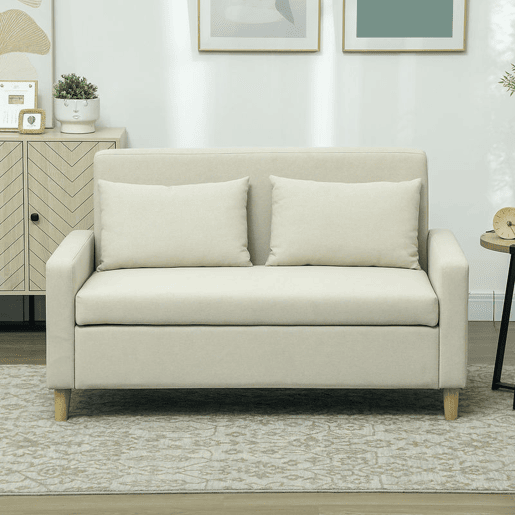 HOMCOM Sofá de 2 Lugares Estofado em Linho Sintético com Espaço de Armazenamento, Sofá Moderno com 2 Almofadas, Bolsos e Pés de Madeira, Suporta até 240 kg para Quarto ou Sala 135x71x84 cm Bege HOMCOM Sofá de 2 Lugares Estofado em Linho Sintético com Espaço de Armazenamento, Sofá Moderno com 2 Almofadas, Bolsos e Pés de Madeira, Suporta até 240 kg para Quarto ou Sala 135x71x84 cm Bege