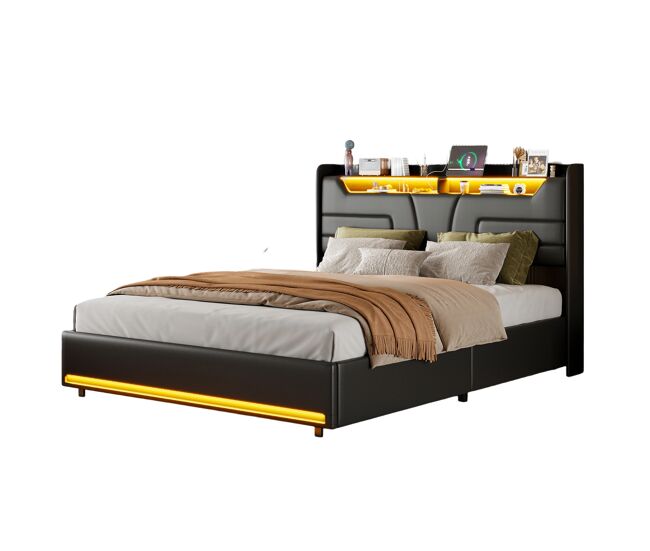 Cama tapizada de 140×190 cm con LED, tomas USB/de corriente, somier de láminas y espacio de almacenamiento – Piel sintética negra, estilo moderno