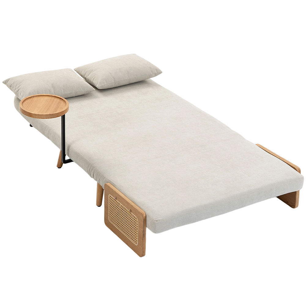 homcom sofa cama 2 plazas convertible 3 en 1 sofa cama plegable tapizado chenilla respaldo ajustable mesa lateral de madera 2 almohadas con funda lavable para salon 131x78x82 cm blanco crema