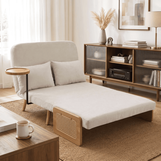 HOMCOM Sofá-Cama 2 Lugares 3 em 1, Conversível, Revestimento em Chenille, Encosto Ajustável, Mesa Lateral em Madeira, 2 Almofadas, Creme, 131x78x82 cm HOMCOM Sofá-Cama 2 Lugares 3 em 1, Conversível, Revestimento em Chenille, Encosto Ajustável, Mesa Lateral em Madeira, 2 Almofadas, Creme, 131x78x82 cm