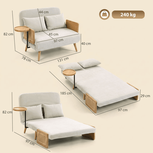 HOMCOM Sofá-Cama 2 Lugares 3 em 1, Conversível, Revestimento em Chenille, Encosto Ajustável, Mesa Lateral em Madeira, 2 Almofadas, Creme, 131x78x82 cm HOMCOM Sofá-Cama 2 Lugares 3 em 1, Conversível, Revestimento em Chenille, Encosto Ajustável, Mesa Lateral em Madeira, 2 Almofadas, Creme, 131x78x82 cm