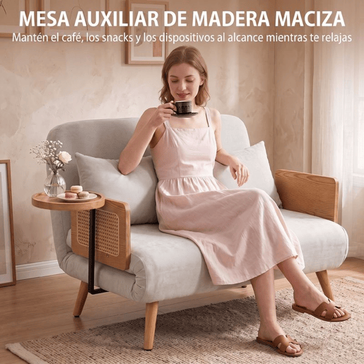 HOMCOM Sofá-Cama 2 Lugares 3 em 1, Conversível, Revestimento em Chenille, Encosto Ajustável, Mesa Lateral em Madeira, 2 Almofadas, Creme, 131x78x82 cm HOMCOM Sofá-Cama 2 Lugares 3 em 1, Conversível, Revestimento em Chenille, Encosto Ajustável, Mesa Lateral em Madeira, 2 Almofadas, Creme, 131x78x82 cm