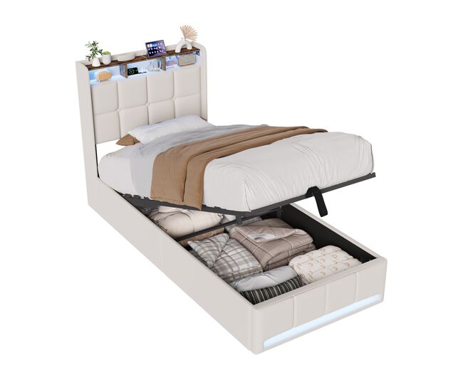 Cama de 90x200 cm - Iluminación LED - Compartimento de almacenamiento hidráulico - Base de láminas - Carga USB y Tipo-C - Tejido de lino - Beige