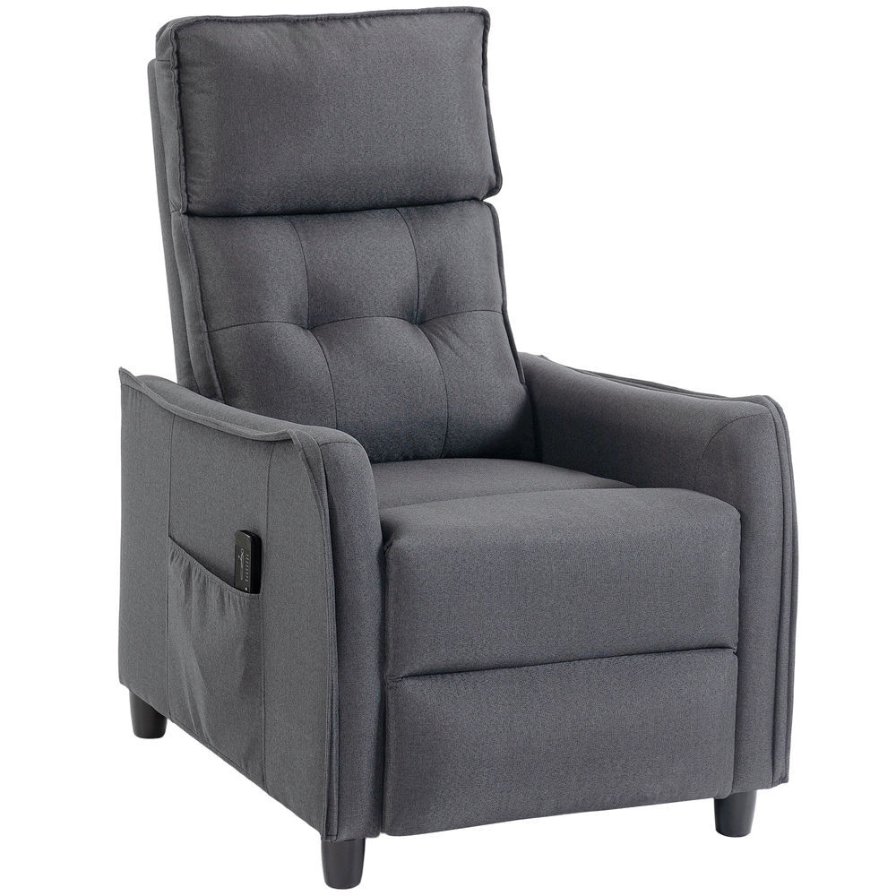 Homcom sillón de masaje, sillón relax reclinable 160° con mando a distancia, reposapiés, 2 zonas de masaje, asiento de muelles, bolsillos, tapizado en lino transpirable para salón, 69x93x104 cm, gris