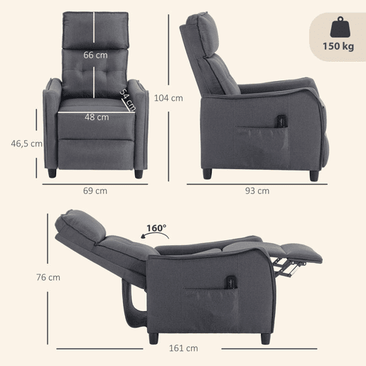 HOMCOM Poltrona de Massagem Reclinável 160° com Comando, Apoio para Pés, 2 Zonas de Massagem, Assento com Molas, Bolsos Laterais, Estofada em Linho Respirável, 58,5x93x104 cm, Cinzento HOMCOM Poltrona de Massagem Reclinável 160° com Comando, Apoio para Pés, 2 Zonas de Massagem, Assento com Molas, Bolsos Laterais, Estofada em Linho Respirável, 58,5x93x104 cm, Cinzento