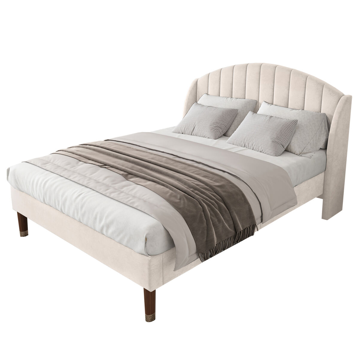 Cama doble de 140x190 cm en terciopelo beige con cabecero acolchado y somier de láminas.