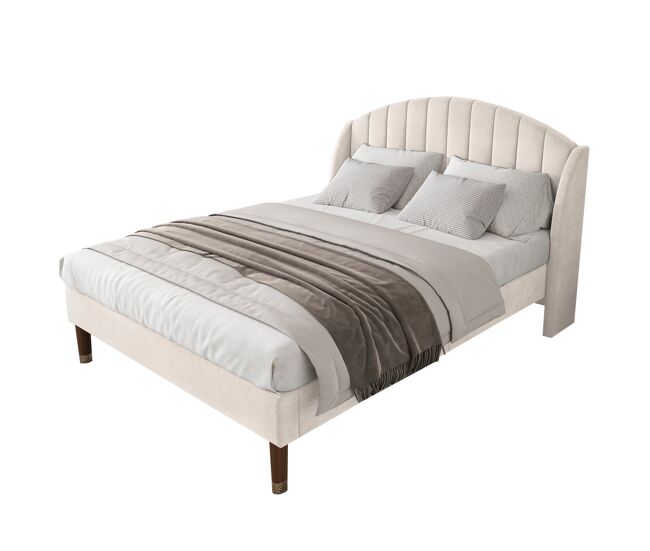 Cama doble de 140x190 cm en terciopelo beige con cabecero acolchado y somier de láminas.