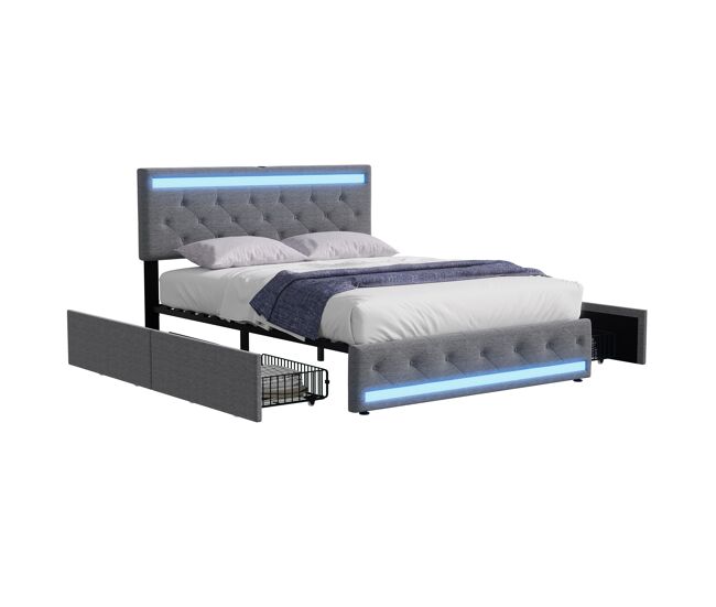 Cama doble, 140x200 cm, 4 cajones de almacenamiento, led rgb, usb, cama tapizada de lino, color gris oscuro