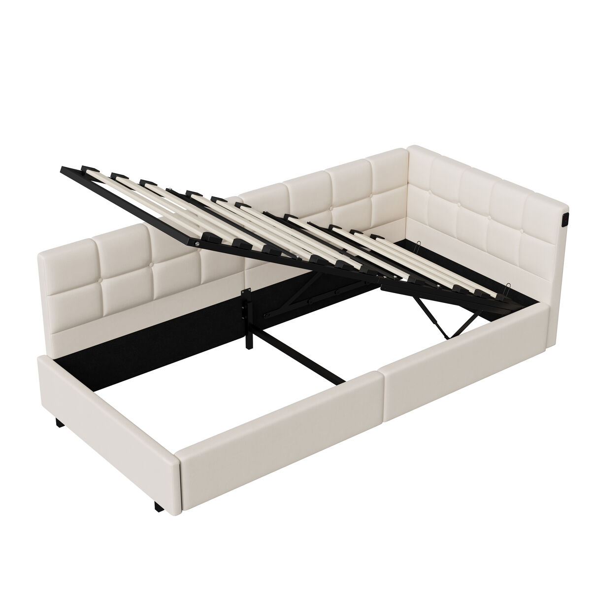Cama de 90x200 cm con cabecero led y almacenaje, carga usb y tipo c, iluminación rgb con mando a distancia, diseño en terciopelo beige.