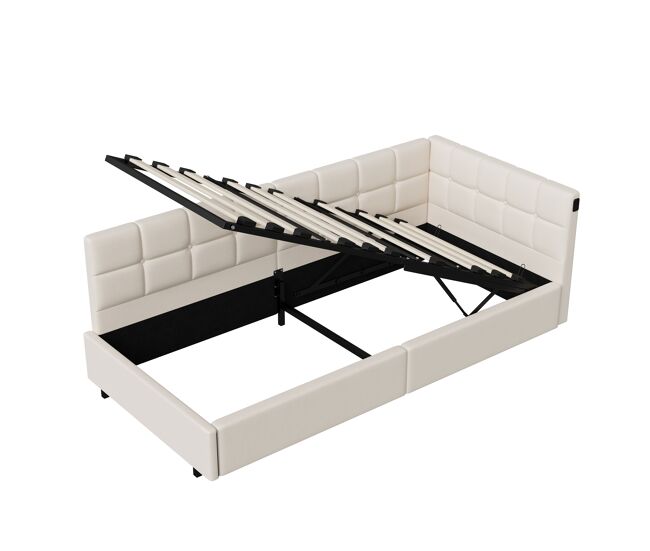 Cama de 90x200 cm con cabecero led y almacenaje, carga usb y tipo c, iluminación rgb con mando a distancia, diseño en terciopelo beige.