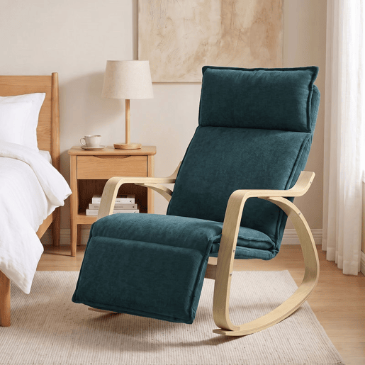 HOMCOM Cadeirão de Baloiço com Apoio para os Pés Ajustável em 5 Posições, Braços em Madeira, Acolchoamento Duplo, Assento Largo e Encosto Alto, Verde Escuro