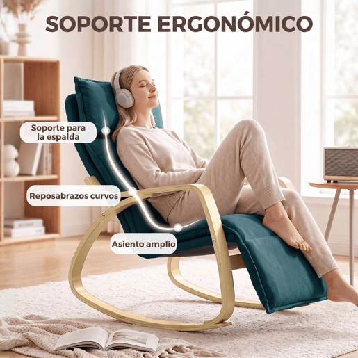 HOMCOM Cadeirão de Baloiço com Apoio para os Pés Ajustável em 5 Posições, Braços em Madeira, Acolchoamento Duplo, Assento Largo e Encosto Alto, Verde Escuro