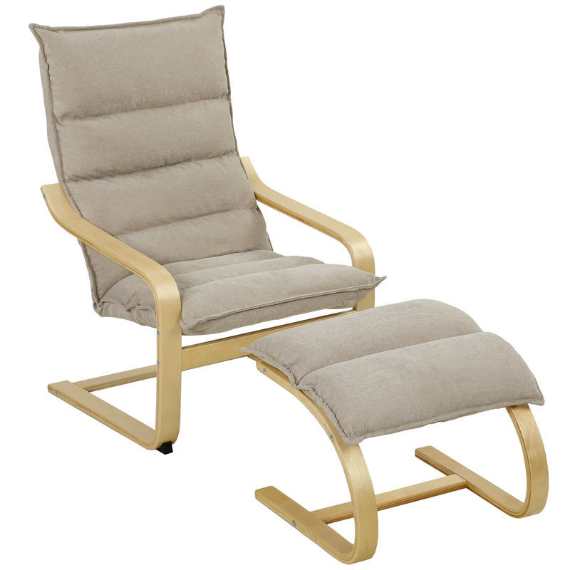 Homcom sillón con reposapiés, sillón lectura tapizado en lino con balanceo suave, respaldo alto, brazos y patas de madera, butaca para salón, dormitorio, oficina, beige