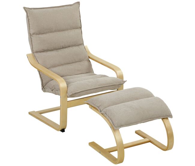 Homcom sillón con reposapiés, sillón lectura tapizado en lino con balanceo suave, respaldo alto, brazos y patas de madera, butaca para salón, dormitorio, oficina, beige
