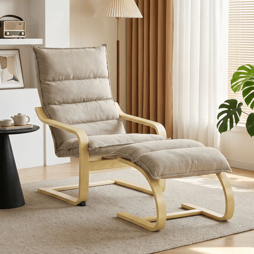 HOMCOM Poltrona de Leitura com Apoio para os Pés, Balanço Suave, Encosto Alto, Braços e Pés em Madeira, Bege