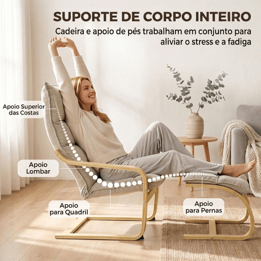 HOMCOM Poltrona de Leitura com Apoio para os Pés, Balanço Suave, Encosto Alto, Braços e Pés em Madeira, Bege