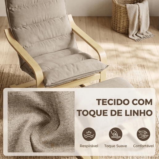 HOMCOM Poltrona de Leitura com Apoio para os Pés, Balanço Suave, Encosto Alto, Braços e Pés em Madeira, Bege