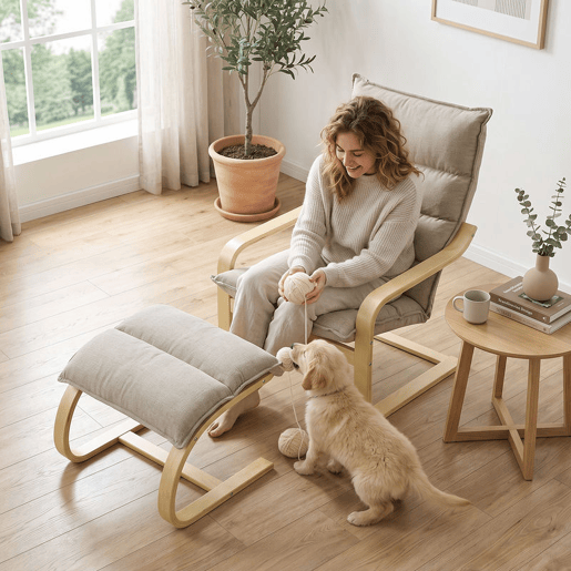 HOMCOM Poltrona de Leitura com Apoio para os Pés, Balanço Suave, Encosto Alto, Braços e Pés em Madeira, Bege