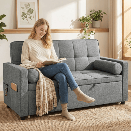 HOMCOM Sofá-Cama 2 Lugares 3 em 1, Deslizante em Tecido Linho com Encosto Ajustável 6 Níveis, Bolsos Laterais, 2 Almofadas com Capas Removíveis, Sala de Estar, Espaços Pequenos, Cinzento HOMCOM Sofá-Cama 2 Lugares 3 em 1, Deslizante em Tecido Linho com Encosto Ajustável 6 Níveis, Bolsos Laterais, 2 Almofadas com Capas Removíveis, Sala de Estar, Espaços Pequenos, Cinzento