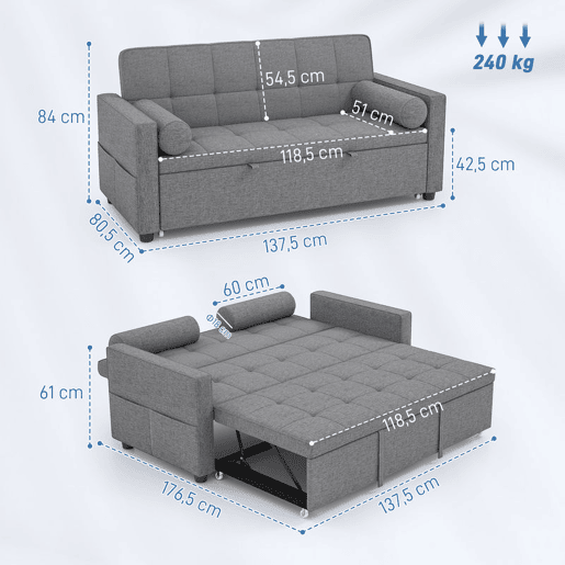 HOMCOM Sofá-Cama 2 Lugares 3 em 1, Deslizante em Tecido Linho com Encosto Ajustável 6 Níveis, Bolsos Laterais, 2 Almofadas com Capas Removíveis, Sala de Estar, Espaços Pequenos, Cinzento HOMCOM Sofá-Cama 2 Lugares 3 em 1, Deslizante em Tecido Linho com Encosto Ajustável 6 Níveis, Bolsos Laterais, 2 Almofadas com Capas Removíveis, Sala de Estar, Espaços Pequenos, Cinzento