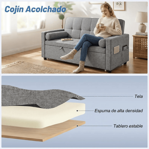 HOMCOM Sofá-Cama 2 Lugares 3 em 1, Deslizante em Tecido Linho com Encosto Ajustável 6 Níveis, Bolsos Laterais, 2 Almofadas com Capas Removíveis, Sala de Estar, Espaços Pequenos, Cinzento HOMCOM Sofá-Cama 2 Lugares 3 em 1, Deslizante em Tecido Linho com Encosto Ajustável 6 Níveis, Bolsos Laterais, 2 Almofadas com Capas Removíveis, Sala de Estar, Espaços Pequenos, Cinzento