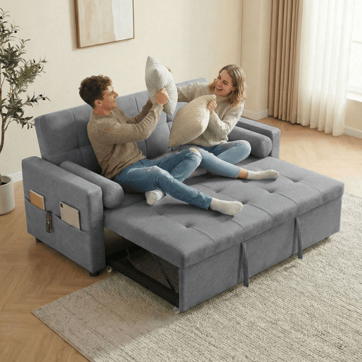 HOMCOM Sofá-Cama 2 Lugares 3 em 1, Deslizante em Tecido Linho com Encosto Ajustável 6 Níveis, Bolsos Laterais, 2 Almofadas com Capas Removíveis, Sala de Estar, Espaços Pequenos, Cinzento HOMCOM Sofá-Cama 2 Lugares 3 em 1, Deslizante em Tecido Linho com Encosto Ajustável 6 Níveis, Bolsos Laterais, 2 Almofadas com Capas Removíveis, Sala de Estar, Espaços Pequenos, Cinzento