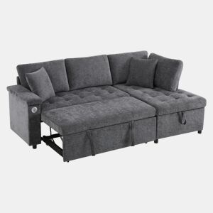 Sofá L 3 lugares - Sofá-cama extensível, com arrumação, carregador USB, apoio de braços e 2 almofadas - Cinza