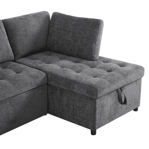 Sofá L 3 lugares - Sofá-cama extensível, com arrumação, carregador USB, apoio de braços e 2 almofadas - Cinza Sofá L 3 lugares - Sofá-cama extensível, com arrumação, carregador USB, apoio de braços e 2 almofadas - Cinza