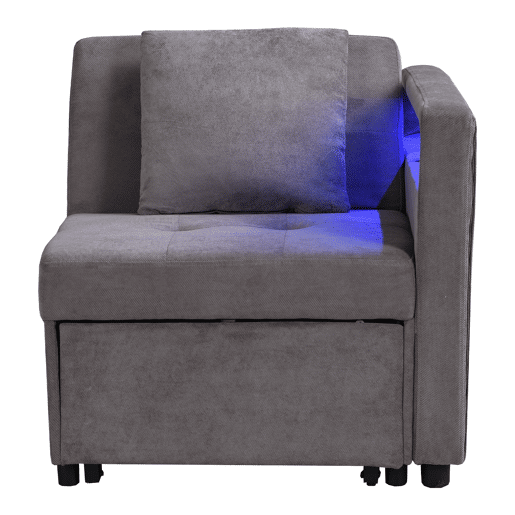 Sofá-cama 3 em 1 - Sofá de linho com encosto ajustável, braços com LED e portas USBC - Cinza escuro Sofá-cama 3 em 1 - Sofá de linho com encosto ajustável, braços com LED e portas USBC - Cinza escuro