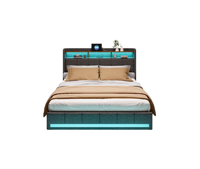 Cama lino tapizada USB LED, somier lamas y cuatro cajones 148x218
