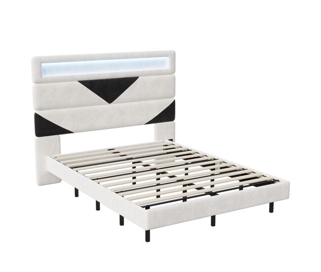Cama 160x200 cm, MDF, con USB e iluminación LED, Estructura de cama, cama flotante con cabecero triangular, - Blanco