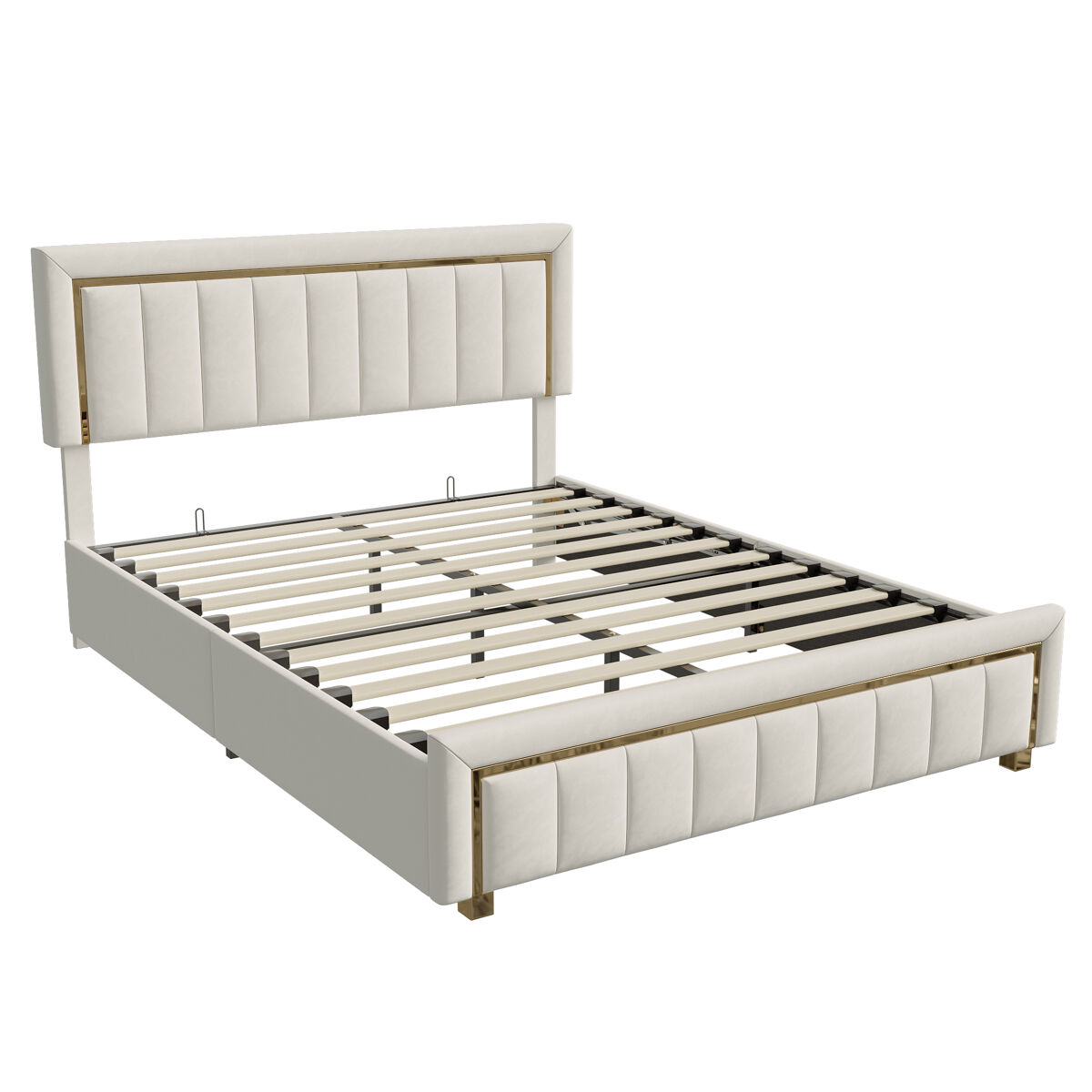 Cama de terciopelo con canapé 160x200cm - cama de matrimonio funcional con canapé - somier de láminas y cajón hidráulico - beige