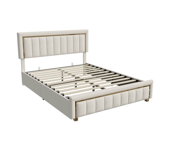 Cama de terciopelo con canapé 160x200cm - cama de matrimonio funcional con canapé - somier de láminas y cajón hidráulico - beige
