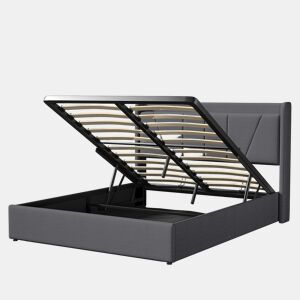 Cama de arrumação em linho 160x200cm com porta USB - cabeceira e base de ripas - cinza