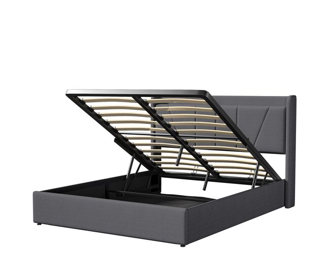 Cama canapé de lino de 160x200 cm con puerto USB - cabecero y somier de láminas - gris