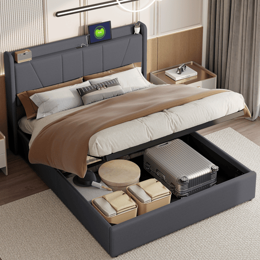 Cama de arrumação em linho 160x200cm com porta USB - cabeceira e base de ripas - cinza Cama de arrumação em linho 160x200cm com porta USB - cabeceira e base de ripas - cinza
