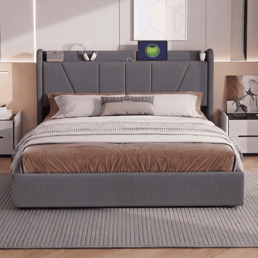Cama de arrumação em linho 160x200cm com porta USB - cabeceira e base de ripas - cinza Cama de arrumação em linho 160x200cm com porta USB - cabeceira e base de ripas - cinza