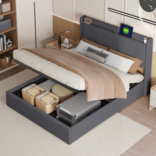 Cama de arrumação em linho 160x200cm com porta USB - cabeceira e base de ripas - cinza Cama de arrumação em linho 160x200cm com porta USB - cabeceira e base de ripas - cinza