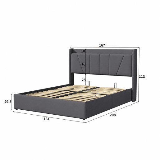 Cama de arrumação em linho 160x200cm com porta USB - cabeceira e base de ripas - cinza Cama de arrumação em linho 160x200cm com porta USB - cabeceira e base de ripas - cinza